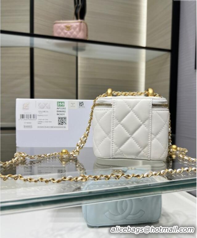 Best Grade Chanel Shiny Calfskin Small Vanity with Ball Chain AP2292 White 2025