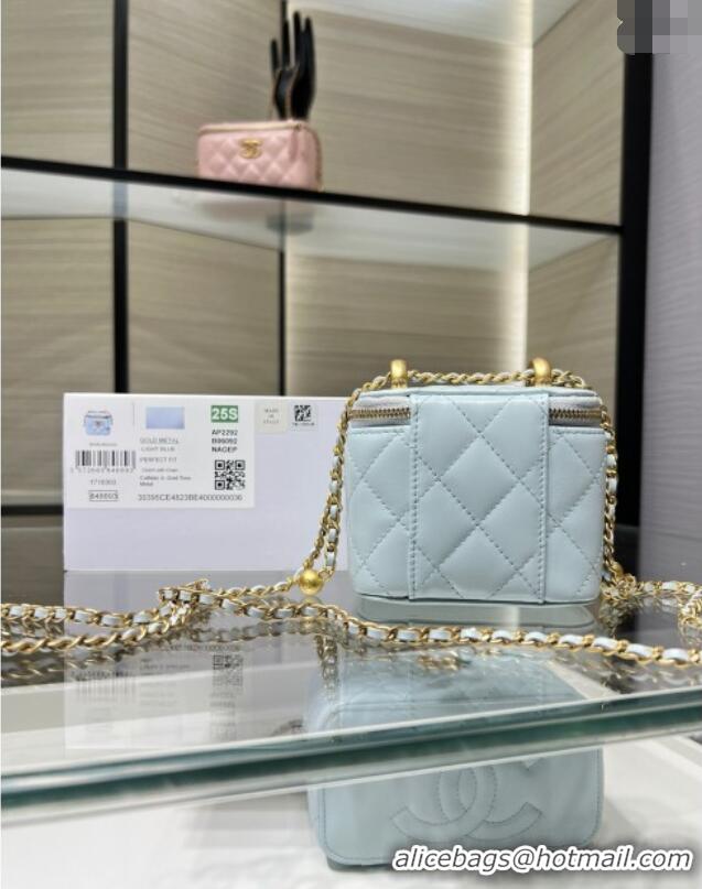 Super Quality Chanel Shiny Calfskin Small Vanity with Ball Chain AP2292 Light Blue 2025