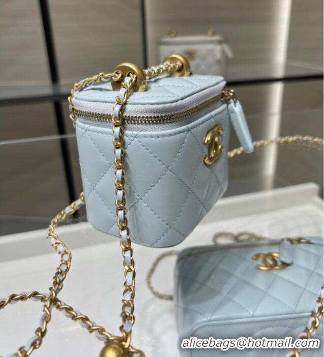Super Quality Chanel Shiny Calfskin Small Vanity with Ball Chain AP2292 Light Blue 2025