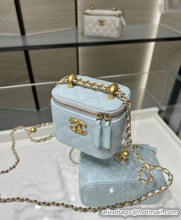Super Quality Chanel Shiny Calfskin Small Vanity with Ball Chain AP2292 Light Blue 2025