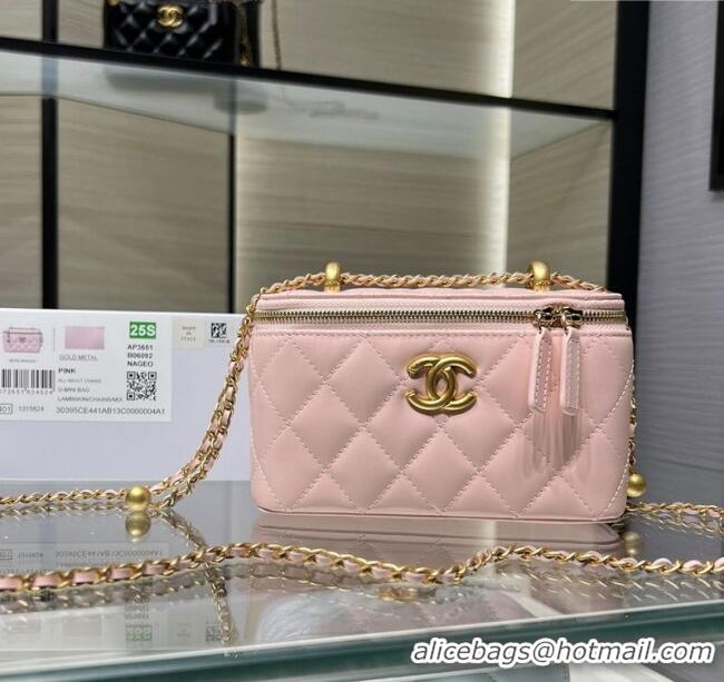Spot Bulk Chanel Shiny Calfskin Large Vanity with Ball Chain AP3651 Light Pink 2025