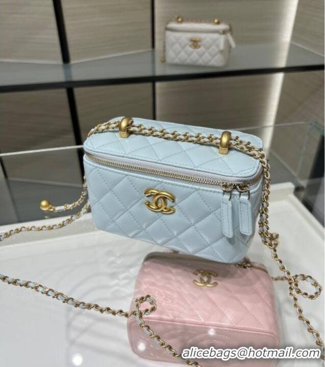 Cheapest Chanel Shiny Calfskin Large Vanity with Ball Chain AP3651 Light Blue 2025