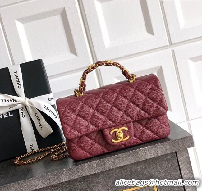New Style Chanel Grained Shiny Calfskin Mini Flap Bag with Top Handle and Chain AS5701 Burgundy 2025