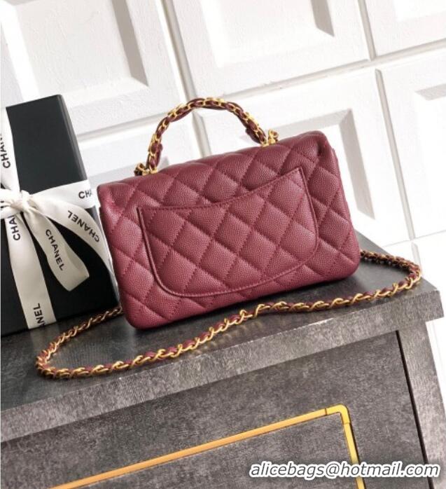 New Style Chanel Grained Shiny Calfskin Mini Flap Bag with Top Handle and Chain AS5701 Burgundy 2025