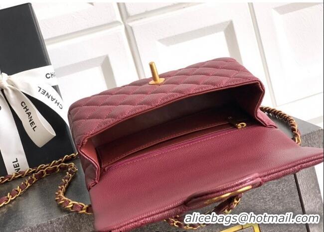 New Style Chanel Grained Shiny Calfskin Mini Flap Bag with Top Handle and Chain AS5701 Burgundy 2025