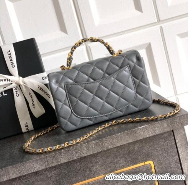 New Stylish Chanel Grained Shiny Calfskin Mini Flap Bag with Top Handle and Chain AS5701 Grey 2025