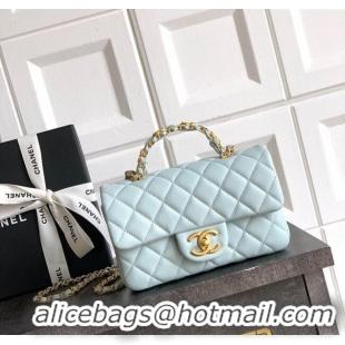 Top Quality Chanel Grained Shiny Calfskin Mini Flap Bag with Top Handle and Chain AS5701 Light Blue 2025