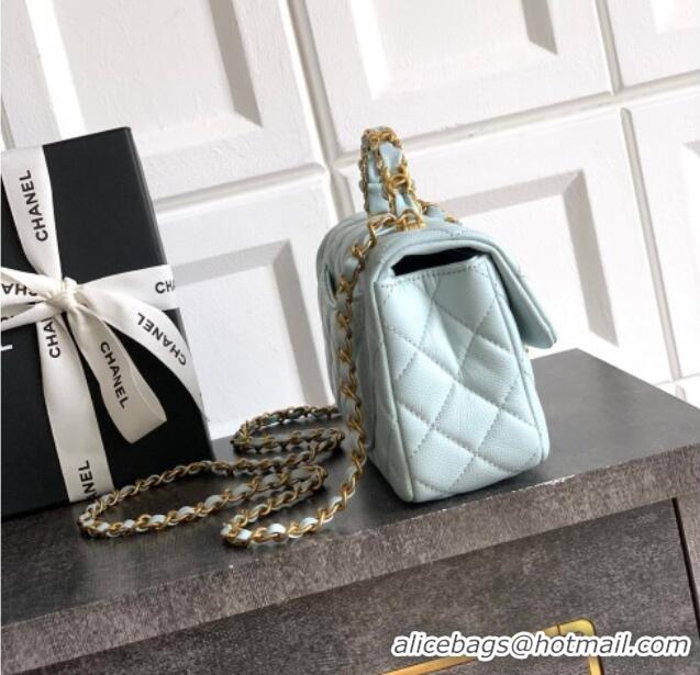 Top Quality Chanel Grained Shiny Calfskin Mini Flap Bag with Top Handle and Chain AS5701 Light Blue 2025