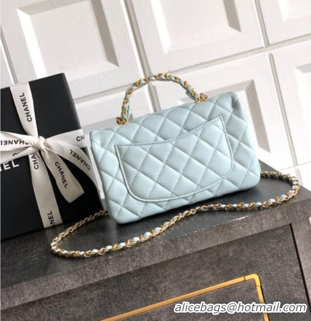 Top Quality Chanel Grained Shiny Calfskin Mini Flap Bag with Top Handle and Chain AS5701 Light Blue 2025
