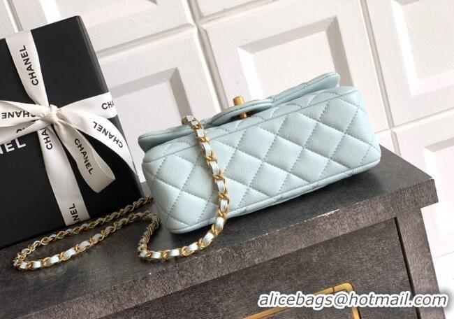 Top Quality Chanel Grained Shiny Calfskin Mini Flap Bag with Top Handle and Chain AS5701 Light Blue 2025
