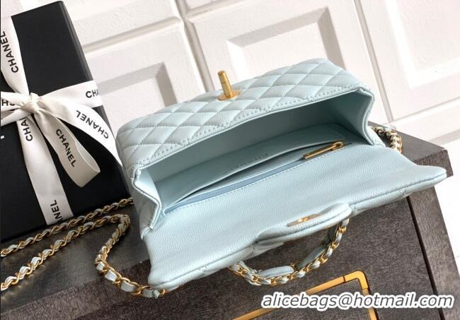 Top Quality Chanel Grained Shiny Calfskin Mini Flap Bag with Top Handle and Chain AS5701 Light Blue 2025