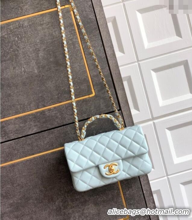 Top Quality Chanel Grained Shiny Calfskin Mini Flap Bag with Top Handle and Chain AS5701 Light Blue 2025