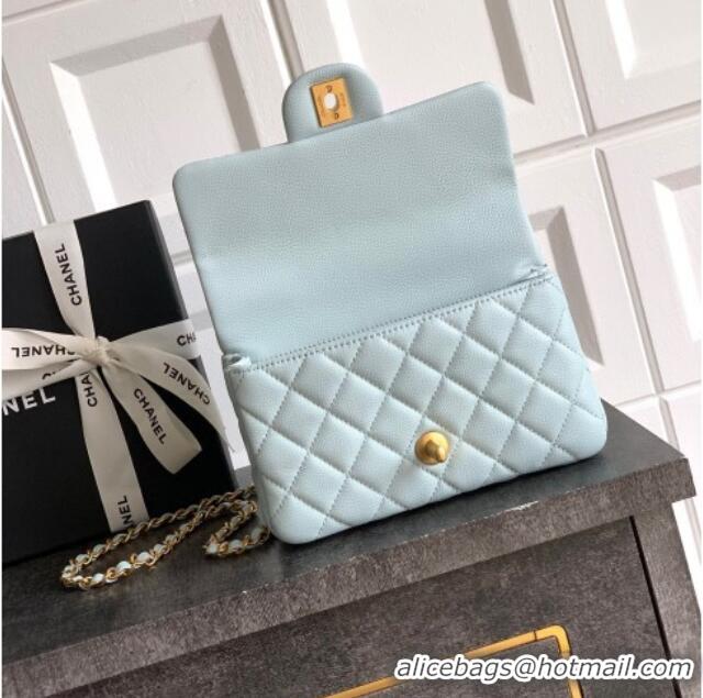 Top Quality Chanel Grained Shiny Calfskin Mini Flap Bag with Top Handle and Chain AS5701 Light Blue 2025