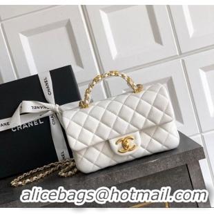 New Product Chanel Grained Shiny Calfskin Mini Flap Bag with Top Handle and Chain AS5701 White 2025