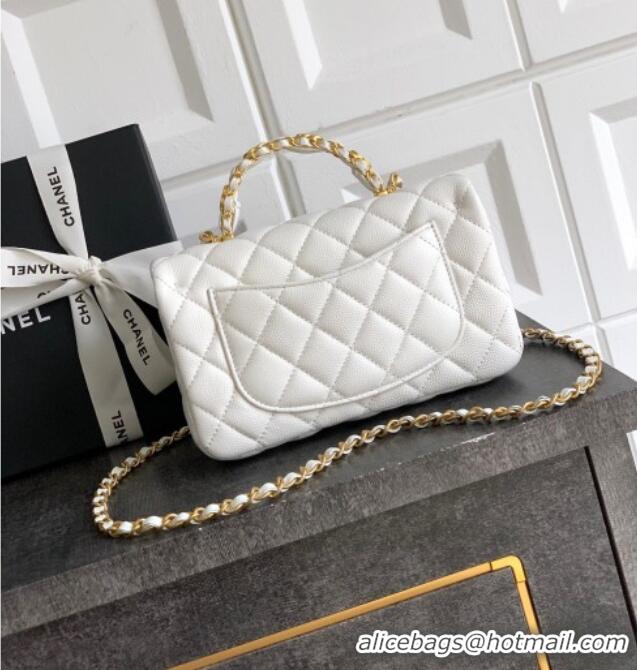 New Product Chanel Grained Shiny Calfskin Mini Flap Bag with Top Handle and Chain AS5701 White 2025