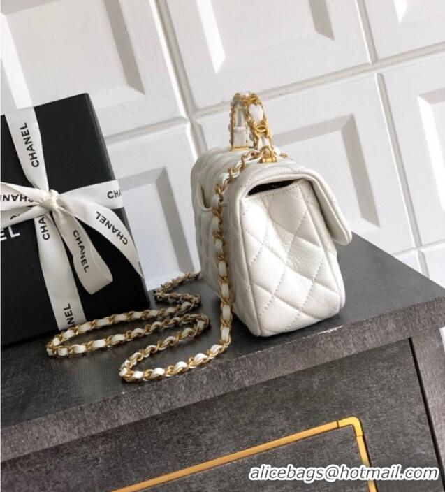 New Product Chanel Grained Shiny Calfskin Mini Flap Bag with Top Handle and Chain AS5701 White 2025