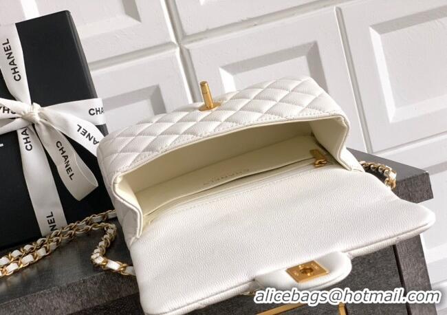 New Product Chanel Grained Shiny Calfskin Mini Flap Bag with Top Handle and Chain AS5701 White 2025