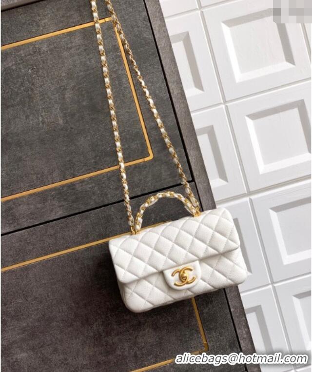 New Product Chanel Grained Shiny Calfskin Mini Flap Bag with Top Handle and Chain AS5701 White 2025