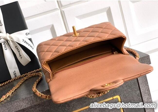 Grade Design Chanel Grained Shiny Calfskin Mini Flap Bag with Top Handle and Chain AS5701 Camel Brown 2025