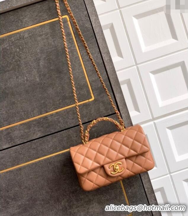 Grade Design Chanel Grained Shiny Calfskin Mini Flap Bag with Top Handle and Chain AS5701 Camel Brown 2025