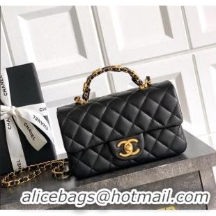 Spot Cheap Chanel Grained Shiny Calfskin Mini Flap Bag with Top Handle and Chain AS5701 Black 2025