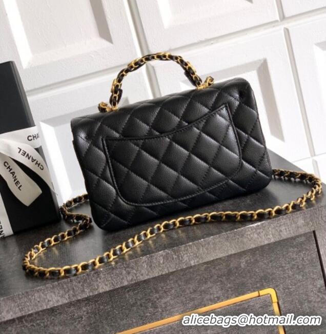 Spot Cheap Chanel Grained Shiny Calfskin Mini Flap Bag with Top Handle and Chain AS5701 Black 2025