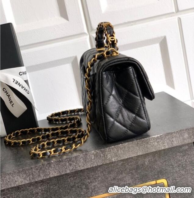 Spot Cheap Chanel Grained Shiny Calfskin Mini Flap Bag with Top Handle and Chain AS5701 Black 2025