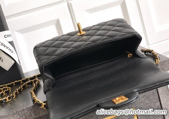 Spot Cheap Chanel Grained Shiny Calfskin Mini Flap Bag with Top Handle and Chain AS5701 Black 2025