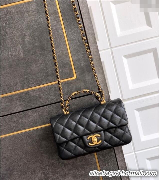 Spot Cheap Chanel Grained Shiny Calfskin Mini Flap Bag with Top Handle and Chain AS5701 Black 2025