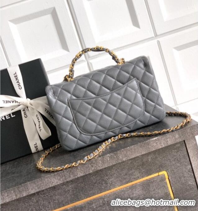 High Quality Chanel Grained Shiny Calfskin Small Flap Bag with Top Handle and Chain AS5702 Grey 2025