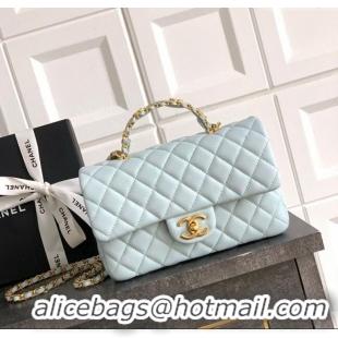 Original Cheap Chanel Grained Shiny Calfskin Small Flap Bag with Top Handle and Chain AS5702 Light Blue 2025
