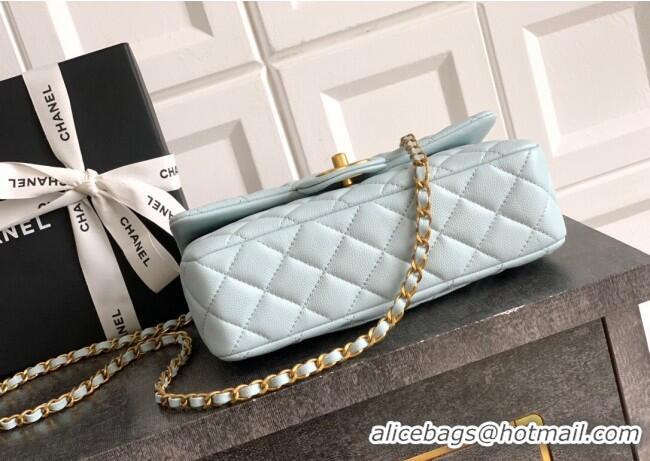 Original Cheap Chanel Grained Shiny Calfskin Small Flap Bag with Top Handle and Chain AS5702 Light Blue 2025