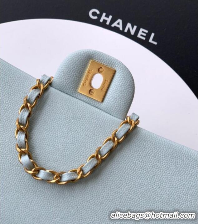 Original Cheap Chanel Grained Shiny Calfskin Small Flap Bag with Top Handle and Chain AS5702 Light Blue 2025