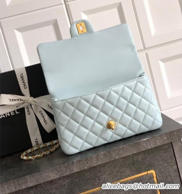 Original Cheap Chanel Grained Shiny Calfskin Small Flap Bag with Top Handle and Chain AS5702 Light Blue 2025