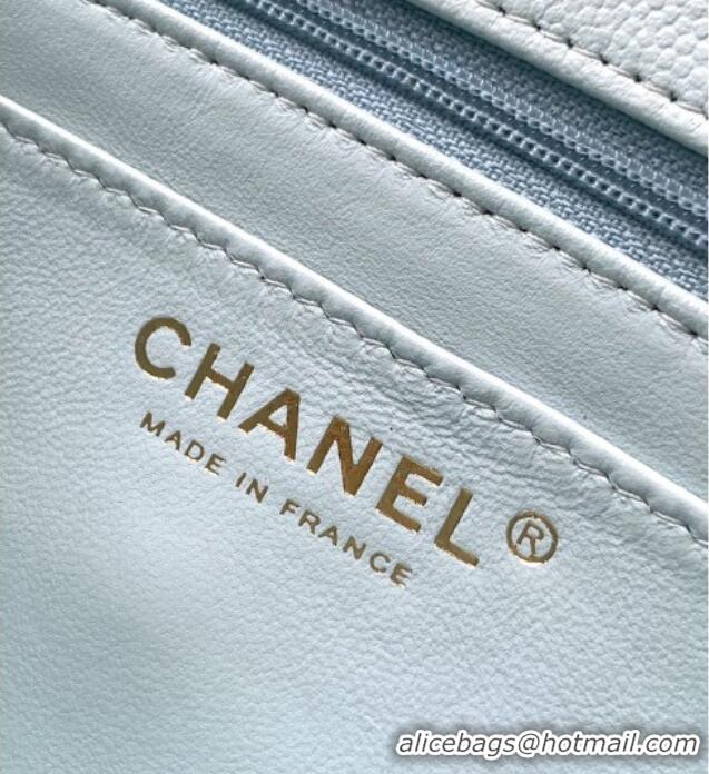 Original Cheap Chanel Grained Shiny Calfskin Small Flap Bag with Top Handle and Chain AS5702 Light Blue 2025