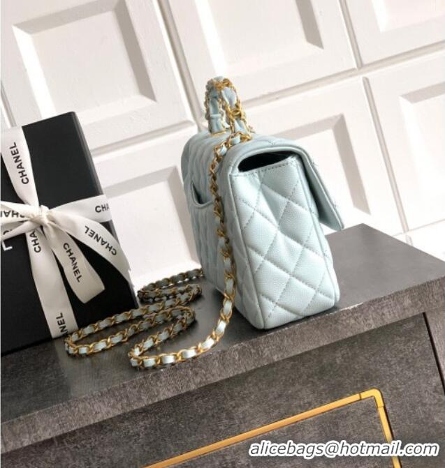 Original Cheap Chanel Grained Shiny Calfskin Small Flap Bag with Top Handle and Chain AS5702 Light Blue 2025