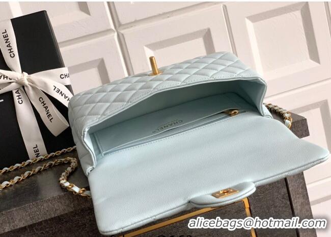 Original Cheap Chanel Grained Shiny Calfskin Small Flap Bag with Top Handle and Chain AS5702 Light Blue 2025