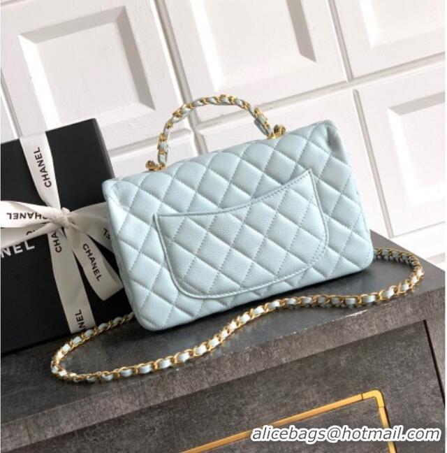 Original Cheap Chanel Grained Shiny Calfskin Small Flap Bag with Top Handle and Chain AS5702 Light Blue 2025