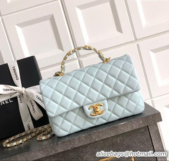 Original Cheap Chanel Grained Shiny Calfskin Small Flap Bag with Top Handle and Chain AS5702 Light Blue 2025