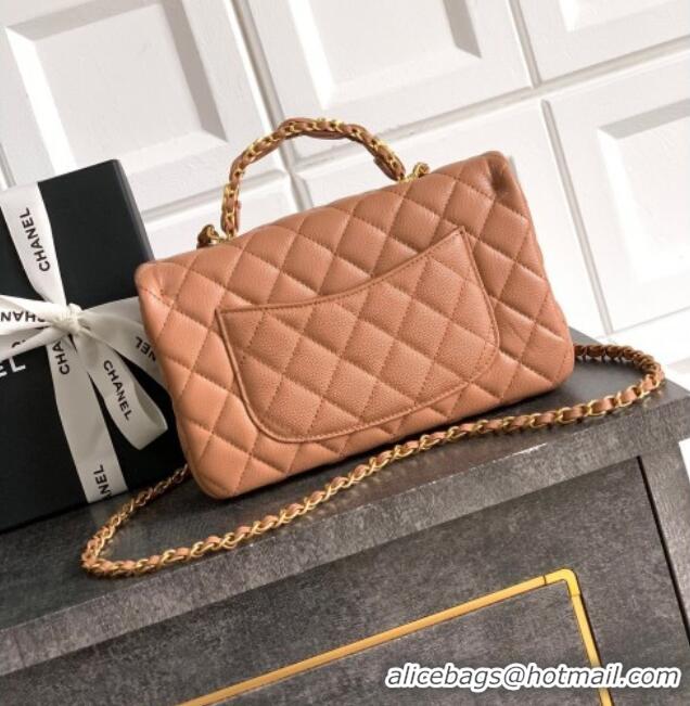 New Fashion Chanel Grained Shiny Calfskin Small Flap Bag with Top Handle and Chain AS5702 Camel 2025