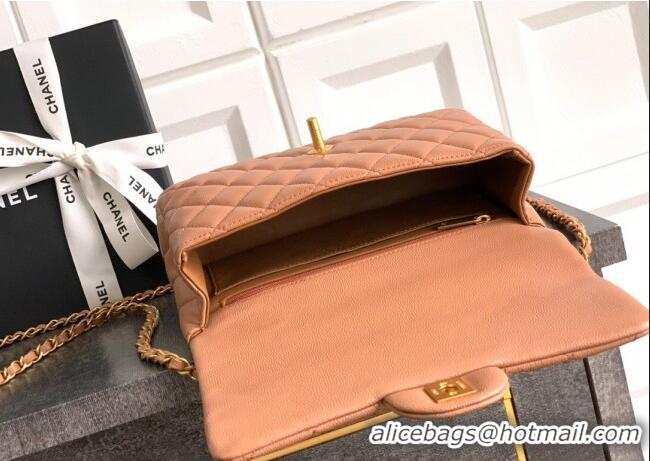 New Fashion Chanel Grained Shiny Calfskin Small Flap Bag with Top Handle and Chain AS5702 Camel 2025