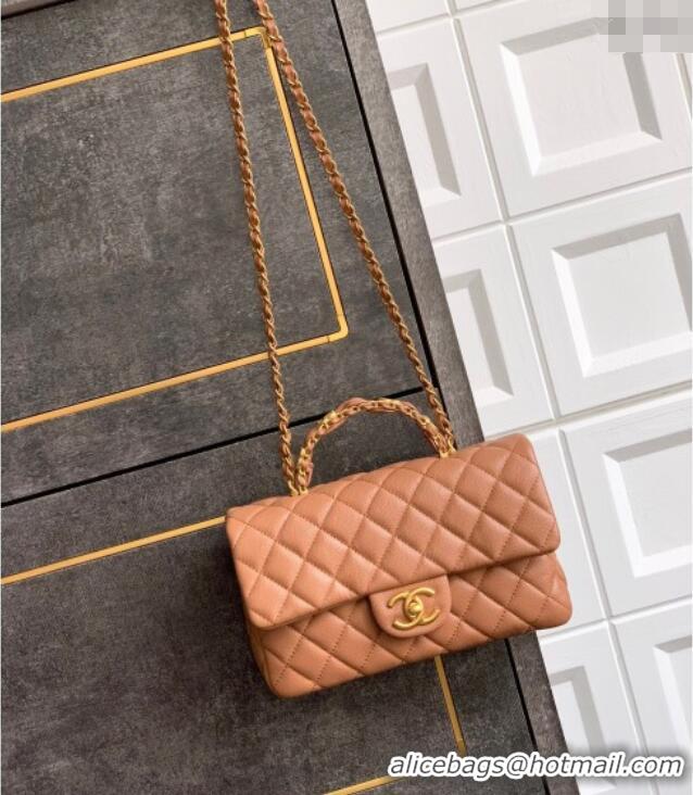 New Fashion Chanel Grained Shiny Calfskin Small Flap Bag with Top Handle and Chain AS5702 Camel 2025