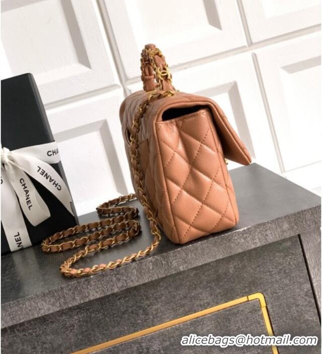 New Fashion Chanel Grained Shiny Calfskin Small Flap Bag with Top Handle and Chain AS5702 Camel 2025
