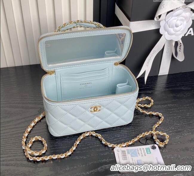 High Quality Chanel Grained Calfskin Vanity Case with Top Handle AP4799 Light Blue 2025