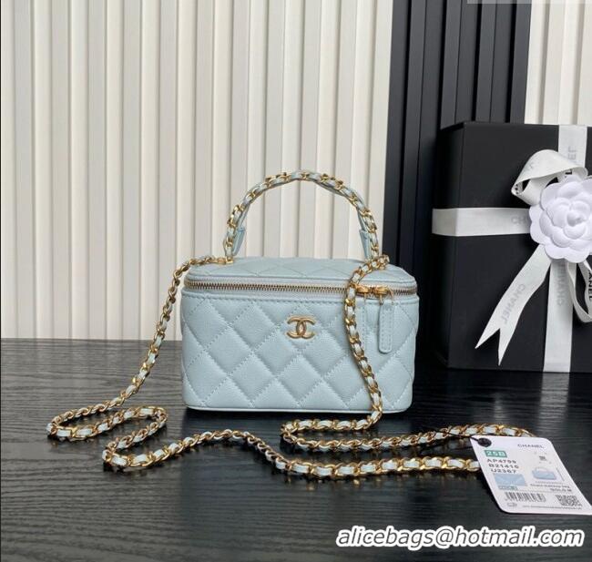 High Quality Chanel Grained Calfskin Vanity Case with Top Handle AP4799 Light Blue 2025