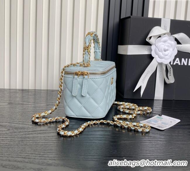 High Quality Chanel Grained Calfskin Vanity Case with Top Handle AP4799 Light Blue 2025