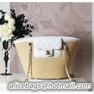 Super Quality Chanel Raffia Straw and Calfskin Large Shopping Bag AS5951 Beige/White 2025
