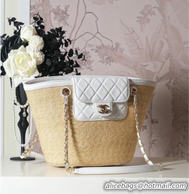Super Quality Chanel Raffia Straw and Calfskin Large Shopping Bag AS5951 Beige/White 2025