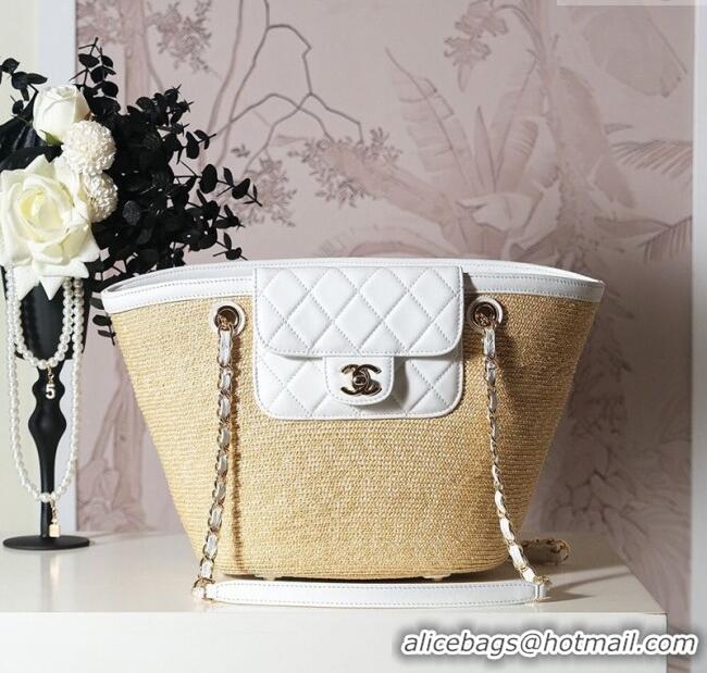 Super Quality Chanel Raffia Straw and Calfskin Large Shopping Bag AS5951 Beige/White 2025