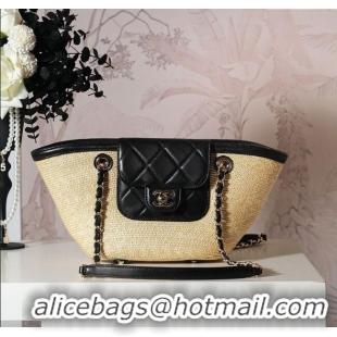 New Design Chanel Raffia Straw and Calfskin Small Shopping Bag AS5951 Beige/Black 2025
